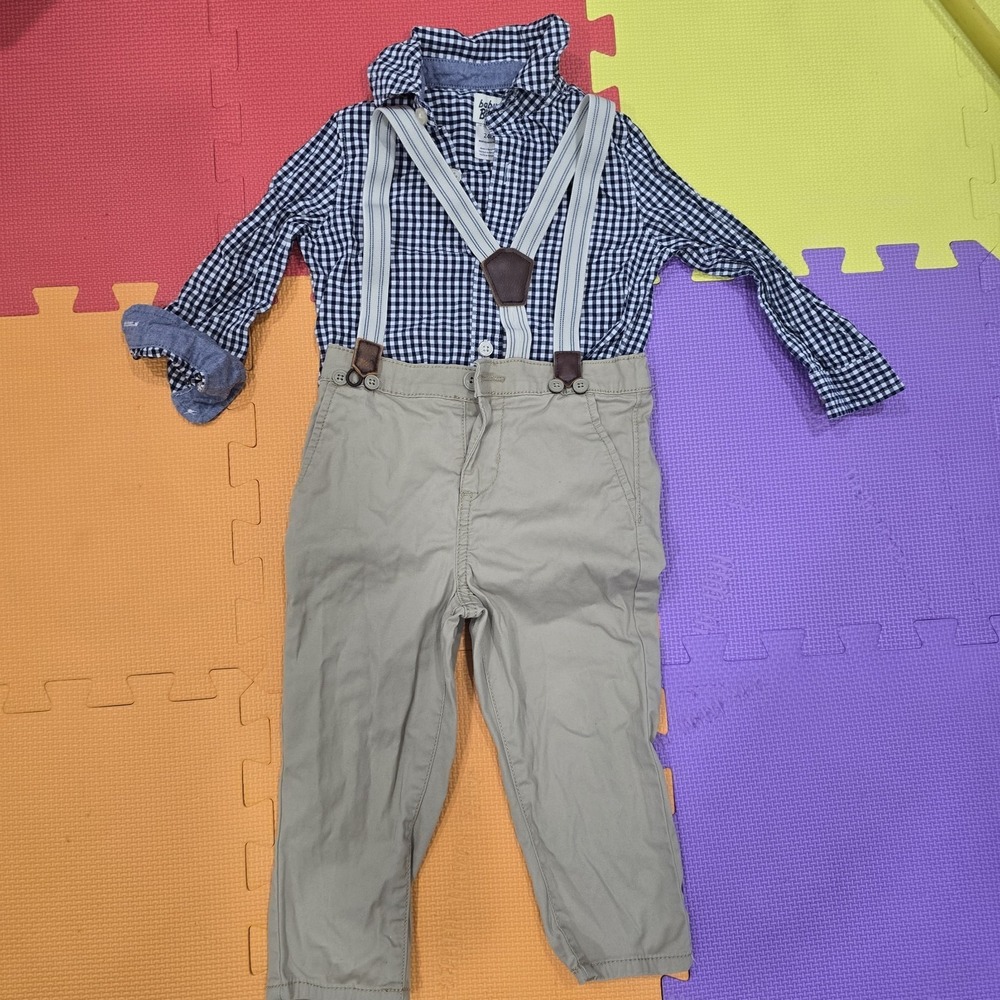 Baby B'gosh‎ Toddler Boy 2-Piece Set 24M Gingham Bodysuit Khaki Pants Suspenders